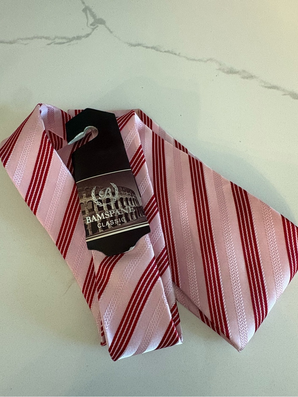 BAMSPANE Classic Men’s Necktie Pink Red White Striped Herringbone Texture NWT